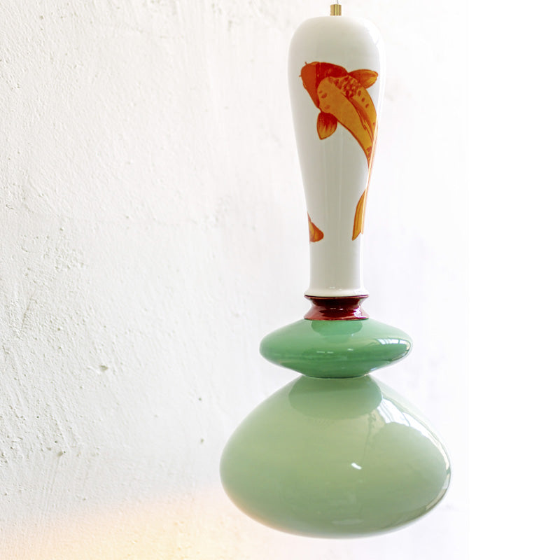 מנורת קרמיקה גדולה- ירוק עם איור דגים