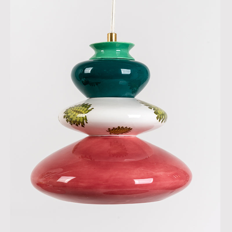 מנורת קרמיקה בינונית- ירוק ואדום עם איור עלים