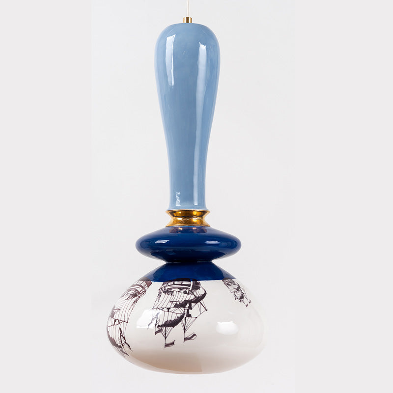 מנורת קרמיקה גדולה- כחול עם איור ספינה
