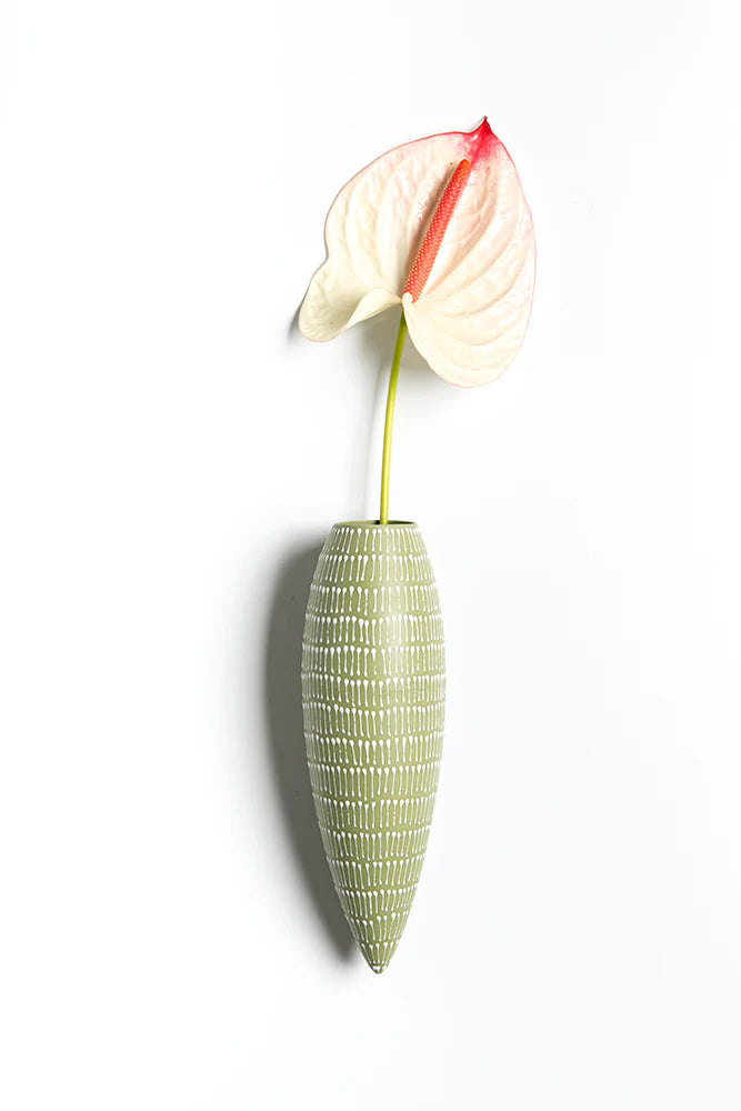 Wall hanging vase- Olive Green with White Sticks
