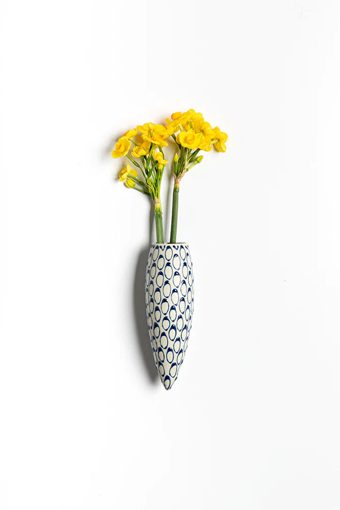 Wall hanging vase-  Light Grey with Blue Loops