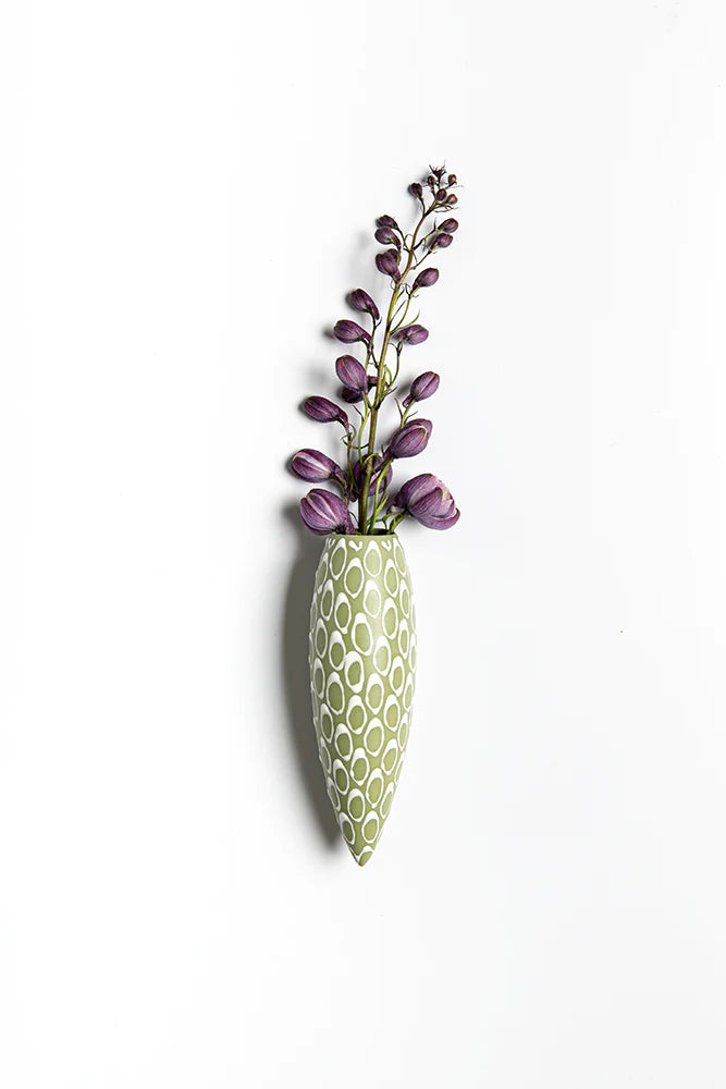 Wall hanging vase-  Olive Green with White Loops