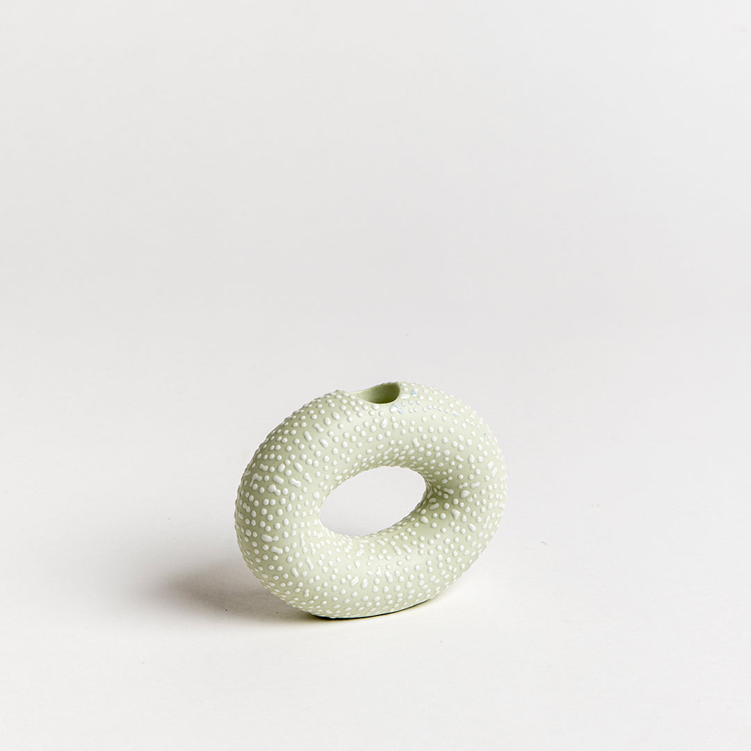 Round candlestick-Avocado green with white dots