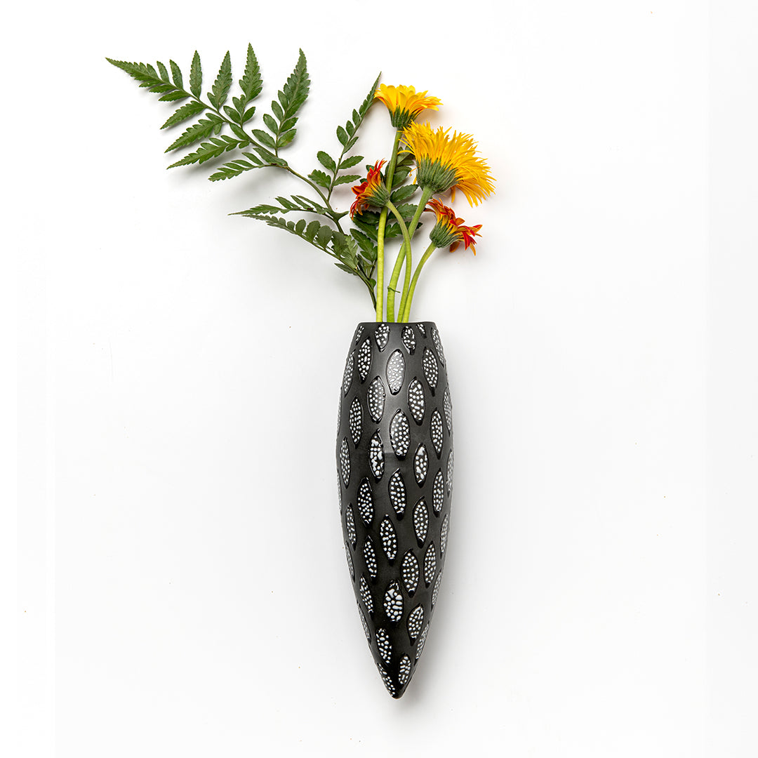 Wall hanging vase-  Black With Black Circles And White Dots