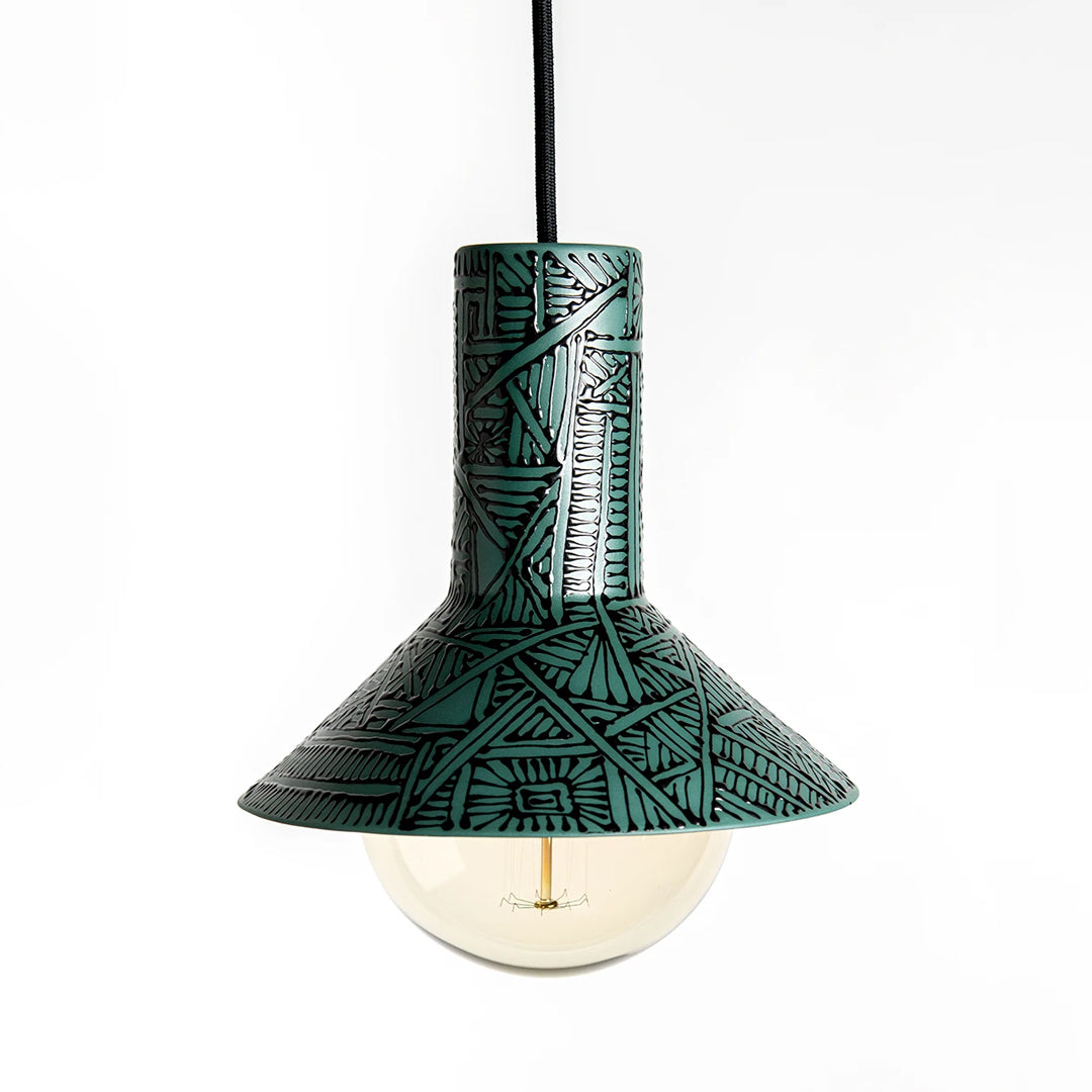 Porcelain Lamp- Pine Green with Black Oriental