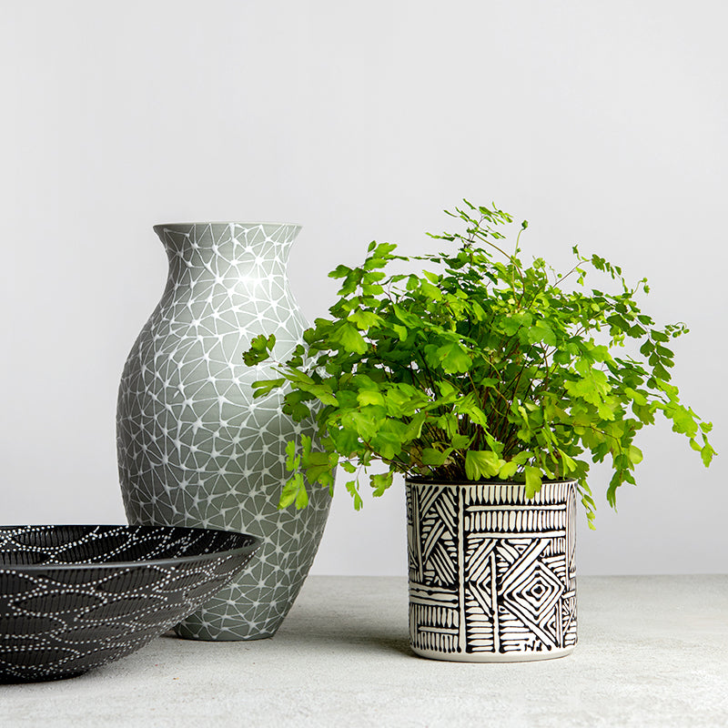 Porcelain planter- White with black Oriental